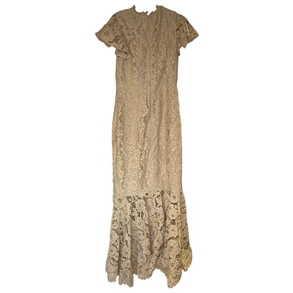 Soshanna Midnight Ruffled Sleeve High Low Lace Maxi Dress Tan Ivory Size 4 - Picture 2 of 7